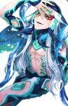  1boy blue_hair center_opening commentary_request eyeshadow fate/grand_order fate_(series) forehead_jewel long_hair makeup male_focus multicolored_hair open_mouth red_eyes red_eyeshadow shi_huang_di_(fate) solo soraao0322 two-tone_hair very_long_hair white_hair 