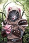  2020 acrylic_painting_(artwork) anthro armguards barbed_wire bound facial_scar forest fur furgonomics grey_body grey_fur hands_tied hood male mammal moonsongwolf murid murine outside painting_(artwork) plant rat red_eyes rodent scar solo traditional_media_(artwork) tree whiskers wrappings 