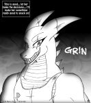 2016 anthro belly_scales clothing comic dragon english_text grin hi_res horn if_hell_had_a_taste male monochrome muscular muscular_male reptile scales scalie scar shirt skylar_fidchell smile solo teeth text topwear viroveteruscy 