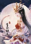  1girl back black_hair cai_lin_(doupo_cangqiong) doupo_cangqiong hair_ornament highres jewelry long_hair looking_back moon night open_mouth pointy_ears red_tube_top smile snake solo strapless teeth tube_top upper_body wei_zhuang_zhuye 