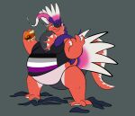  absurd_res anthro asexual_pride_colors burger cavios clothing food hi_res implied_transformation koraidon lgbt_pride male nintendo obese obese_male overweight overweight_male pok&eacute;mon pok&eacute;mon_(species) pokemon_scarlet pokemon_violet pride_color_clothing pride_color_flag pride_colors scalie simple_background solo surprise surprised_expression torn_clothing transformation transformation_through_food video_games weight_gain 