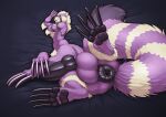  2018 5_fingers absurd_res animal_genitalia animal_penis anthro anus black_penis blush canine_penis claws digital_media_(artwork) erection fingers fur genitals green_eyes hi_res knot long_claws longblueclaw lying male on_side pawpads paws penis puffy_anus purple_body purple_fur simple_background solo spread_legs spreading taur teeth timid white_body white_fur 