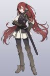  1girl absurdres armor asao_(vc) bangs boots brown_footwear brown_gloves fire_emblem fire_emblem_fates full_body gambeson gloves hair_between_eyes highres knee_boots long_hair red_eyes red_hair severa_(fire_emblem) sheath sheathed shoulder_armor solo sword twintails weapon 