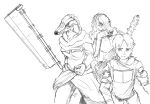  anon2000000 anthro armor bladed_weapon bonedog_(kenshi) canid clothed clothing digital_media_(artwork) eating female group hair headgear helmet hi_res holding_object holding_weapon human kenshi larger_female mace male mammal melee_weapon size_difference sketch smaller_male trio weapon 