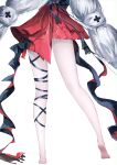  1girl arknights barefoot black_straps commentary dress eps3rd frilled_dress frills highres legs lower_body red_dress simple_background skadi_(arknights) solo thighs white_background white_hair 