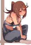  1girl bikini black_bikini blush breasts brown_eyes brown_footwear brown_hair closed_mouth commentary_request from_side fu-ta highres looking_at_viewer looking_to_the_side navel original overalls ponytail shoes sitting small_breasts solo sweat swimsuit usami_taiga 