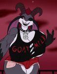  anthro bell big_breasts black_body black_fur bovid breasts caprine caprine_demon claws clothed clothing collar demon detailed_background fan_character fangs female fur goat_demon grey_body grey_fur hair hazbin_hotel helluva_boss hi_res horn karnator looking_at_viewer mammal multicolored_body multicolored_fur nipple_outline open_mouth open_smile partially_clothed red_eyes red_hair smile solo thick_thighs wide_hips 