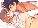  1boy 1girl black_hair blush boy_on_top breasts brown_hair closed_eyes commentary cum cum_in_pussy french_kiss hetero kamijou_touma kiss kneehighs male_pubic_hair misaka_mikoto missionary nipples orange_shirt pillow pongldr pubic_hair sex shirt short_hair short_sleeves spiked_hair toaru_kagaku_no_railgun toaru_majutsu_no_index white_legwear 