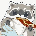  2022 black_eyes black_nose chibi eating feral food grey_body humanoid_hands mammal pizza pizza_slice procyonid raccoon simple_background solo_focus surprise white_body yencatx 