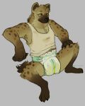  anthro biped bodily_fluids claws clothing diaper digital_drawing_(artwork) digital_media_(artwork) dimsy genital_fluids hi_res hyaenid male mammal shirt simple_background sitting solo spotted_hyena tank_top topwear urine wet_diaper wetting white_background 