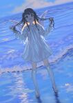  0w0_mtsm 1girl bangs barefoot black_eyes black_hair blue_sky cloud cloudy_sky crab dress eyebrows_visible_through_hair fangs full_body highres holding holding_hair long_hair long_sleeves looking_at_viewer ocean open_mouth original outdoors reflection sky solo water waves white_dress white_wings wings 