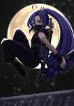  1girl absurdres ahoge bangs black_mask breasts commentary fishnets full_body full_moon high_ponytail highres katana kunai light_particles long_hair looking_at_viewer low-tied_long_hair mask moon mouth_mask night night_sky ninja ninja_mask original ponytail pukonuu purple_eyes purple_hair rooftop sheath sidelocks sky small_breasts solo sword very_long_hair weapon 