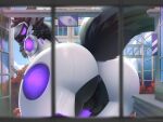  anthro anus balls big_butt bio_(blookyes) building butt city detailed_background genitals hi_res ladnelsiya looking_at_viewer looking_back machine macro male nude penis protogen protogen_visor purple_penis solo thick_butt thick_thighs wide_hips window 