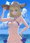  1girl :o alternate_hairstyle artoria_pendragon_(fate) artoria_pendragon_(swimsuit_archer)_(fate) artoria_pendragon_(swimsuit_archer)_(first_ascension)_(fate) bikini blonde_hair blue_sky blush breasts cleavage cloud collarbone commentary_request day eyebrows_visible_through_hair fate/grand_order fate/stay_night fate_(series) green_eyes hat highres kei201107 looking_at_viewer medium_breasts navel ocean outdoors parted_lips short_hair sky solo straw_hat sun_hat sunlight swimsuit water white_bikini white_swimsuit 