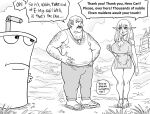  1girl 2boys absurdres aqua_teen_hunger_force balding bb_(baalbuddy) breasts carl_brutananadilewski chain_necklace elf english_commentary english_text greyscale hands_on_hips highres jewelry large_breasts master_shake mole mole_under_eye monochrome multiple_boys necklace pointy_ears revealing_clothes sandals speech_bubble tank_top 