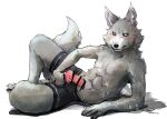  animal_genitalia animal_penis anthro balls bodily_fluids boxers_(clothing) canid canine canine_penis canis censored clothed clothing cum ejaculation erection fur genital_fluids genitals green_eyes grey_body grey_fur hi_res hot_dog_wolf humanoid_hands knot lying male mammal on_side partially_clothed penis plantigrade simple_background solo underwear white_background wolf 