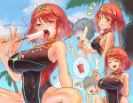  1girl 2boys artist_name blue_sky blush breasts cheating_(relationship) cloud cloudy_sky fellatio_gesture food freeze-ex grin holding holding_food large_breasts looking_at_viewer multiple_boys netorare one-piece_swimsuit open_mouth outdoors popsicle pyra_(pro_swimmer)_(xenoblade) pyra_(xenoblade) red_eyes red_hair rex_(xenoblade) sky smile squatting swimsuit teeth tongue tongue_out xenoblade_chronicles_(series) xenoblade_chronicles_2 