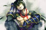  1boy bangs black_hair commentary_request fate/grand_order fate_(series) gauntlets green_eyes hair_between_eyes long_hair long_sleeves looking_at_viewer male_focus open_mouth solo soraao0322 tattoo topless_male yan_qing_(fate) 