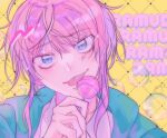  1boy :p amemura_ramuda bangs blue_eyes blue_jacket bubble candy eyebrows_visible_through_hair food head_tilt holding holding_candy holding_food holding_lollipop hypnosis_mic jacket lalalululilihoho lollipop looking_at_viewer pink_hair portrait shirt short_hair sidelocks tongue tongue_out white_shirt yellow_background 