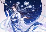  1girl black_hair bracelet branch circle cleavage_cutout clothing_cutout dress falling_petals flower highres hilt jewelry long_hair lu_xueqi_(zhu_xian) lu_xueqi_tongren_ye night night_sky petals ribbon sky smile solo upper_body white_dress zhu_xian 