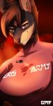  2022 absurd_res aircraft anthro breasts canid canine canis clothing dobermann domestic_dog female gasmaskfox helicopter hi_res lidded_eyes light macro mammal pinscher red_sky sky smile solo text text_on_clothing text_on_topwear topwear watermark 