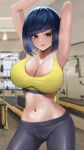  1girl absurdres armpits arms_up blue_hair breasts breath cleavage cowboy_shot genshin_impact green_eyes gym highres large_breasts midriff navel onedoo open_mouth pants short_hair solo sports_bra sportswear stomach sweat yelan_(genshin_impact) yoga_pants 