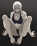 1girl abs bangs barefoot breasts feet grey_eyes highres large_breasts long_bangs looking_at_viewer medium_hair muscular muscular_female open_mouth original pen_guin15 solo thick_thighs thighs toes white_hair 