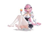  1girl absurdres apron bangs blue_eyes breasts cleavage closed_mouth cup danta_niurou_mian drinking_glass elf elysia_(honkai_impact) frills full_body gloves highres holding holding_cup honkai_(series) honkai_impact_3rd horse_girl long_hair looking_at_viewer maid maid_apron maid_headdress no_shoes pink_hair pointy_ears ponytail short_hair simple_background smile soles solo thighhighs toes tongue tongue_out white_background white_gloves white_legwear wine_glass 