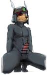  1t0u anthro armor balls black_body black_fur canid canine canis censored domestic_dog erection eye_patch eyewear fur genitals headgear helmet hi_res humanoid_genitalia humanoid_penis male mammal muscular penis plantigrade simple_background sitting solo white_background 