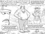  1girl 2boys absurdres aqua_teen_hunger_force balding bb_(baalbuddy) breasts carl_brutananadilewski chain_necklace elf english_commentary english_text greyscale hands_on_hips highres jewelry large_breasts master_shake mole mole_under_eye monochrome multiple_boys necklace pointy_ears revealing_clothes sandals speech_bubble tank_top 