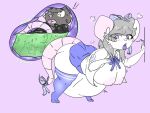  2019 abdominal_bulge accessory after_vore animal_humanoid blush bodily_fluids bottomwear breasts bumbleblues clothing cloud_emanata digital_media_(artwork) duo female female_pred feral fur grey_body grey_hair hair hair_accessory hair_bow hair_over_eye hair_ribbon hanging_belly humanoid leaning_on_wall legwear looking_pleasured male male/female male_prey mammal mammal_humanoid mouse_humanoid murid murid_humanoid murine murine_humanoid nipples one_eye_obstructed oral_vore ribbons rodent rodent_humanoid skirt stomach_acid thigh_highs tongue tongue_out vore voredragon12345 white_body white_fur 