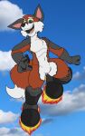  anthro boots canid canine clothing cloud crygus flying footwear fox hi_res how-did-we-get-here male mammal rocket_boots sky solo 