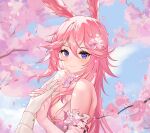  1boy 1girl absurdres animal_ears bangs bare_shoulders blue_sky branch captain_(honkai_impact) cherry_blossoms cloud cloudy_sky dress elbow_gloves flower fox_ears gloves hair_flower hair_ornament highres holding_hands honkai_(series) honkai_impact_3rd jacket long_hair long_sleeves looking_at_viewer mangmao outdoors pink_dress pink_gloves pink_hair purple_eyes sky sleeveless sleeveless_dress smile wedding wedding_dress white_gloves white_jacket yae_sakura 