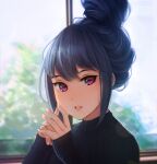  1girl blue_hair commentary english_commentary hair_bun hanr10 highres lips looking_at_viewer own_hands_together parted_lips portrait purple_eyes shima_rin sleeves_past_wrists solo sweater upper_body yurucamp 