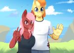  anthro blue_eyes bra breast_squish breasts clothing duo duo_focus embrace equid equine fan_character female gesture group hand_on_hip hasbro hi_res horse hug male mammal my_little_pony pony red_eyes shirt short_sleeves squish storyteller_(artist) tank_top topwear underwear v_sign waving 