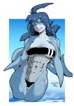  5_fingers abs anthro artist_name biceps big_breasts blue_hair breasts claws cleavage clothed clothing digital_media_(artwork) female fingers fish floozybear gills gris_swimsuit hair hi_res looking_at_viewer marine meme meme_clothing muscular muscular_anthro navel non-mammal_breasts one-piece_swimsuit pecs shark sharp_teeth smile solo swimwear teeth thick_thighs tongue tongue_out translucent translucent_clothing translucent_swimwear yellow_eyes 