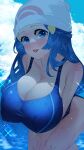  1girl beanie blue_eyes blue_hair breasts dawn_(pokemon) hair_ornament hairclip hat large_breasts pokemon pokemon_(anime) pokemon_(game) pokemon_dppt pokemon_dppt_(anime) pokemon_platinum sparkle sumisumii swimsuit tongue tongue_out water wet wet_clothes wet_swimsuit 