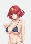  absurdres azusagawastrife bikini black_bikini bob_cut breasts cleavage closed_mouth earrings grey_background highres jewelry looking_at_viewer pyra_(xenoblade) red_eyes red_hair short_hair simple_background smile string_bikini swimsuit tiara upper_body xenoblade_chronicles_(series) xenoblade_chronicles_2 