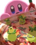  blue_eyes blush_stickers drooling food highres kirby kirby_(series) miclot pizza pizza_box pokemon size_difference smoliv tabasco 