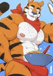  2022 abs anthro biceps big_bulge big_muscles blue_background blush body_hair bowl bulge cereal chest_hair claws clothing container cutlery eyebrows eyes_closed felid food frosted_flakes fur hi_res huge_bulge huge_muscles jasperbro kellogg&#039;s kitchen_utensils male mammal mascot muscular muscular_anthro muscular_male neckerchief nipples pantherine pecs signature simple_background smile solo spoon standing teeth thong tiger tony_the_tiger tools tuft underwear whiskers 