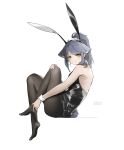  animal_ear_fluff animal_ears arknights bangs bare_shoulders black_hair black_hairband black_legwear cat_ears cat_tail character_name closed_mouth english_text eyebrows_visible_through_hair fake_animal_ears from_side full_body green_eyes hairband hand_on_own_knee highres jessica_(arknights) knees_up long_hair looking_at_viewer looking_to_the_side no_shoes pantyhose playboy_bunny ponytail rabbit_ears shinnasuka025 sitting swept_bangs tail tail_through_clothes wrist_cuffs 