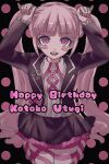  1girl :d bangs black_background blush_stickers character_name collared_shirt danganronpa_(series) danganronpa_another_episode:_ultra_despair_girls fake_horns frilled_skirt frills hairband hands_up happy_birthday highres horns ikuta_za jacket long_hair open_clothes open_jacket pink_eyes pink_hair pink_ribbon polka_dot polka_dot_background ribbon seiza shiny shiny_hair shirt sitting skirt smile solo teeth twintails upper_teeth utsugi_kotoko very_long_hair 