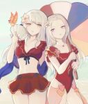  2girls absurdres bangs bikini bird blue_eyes blush breasts ciarre edelgard_von_hresvelg fire_emblem fire_emblem:_radiant_dawn fire_emblem:_three_houses fire_emblem_heroes hair_ornament hair_ribbon highres long_hair looking_at_viewer micaiah_(fire_emblem) multiple_girls purple_eyes ribbon simple_background swimsuit white_hair yellow_eyes yune_(fire_emblem) 