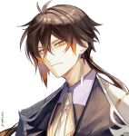  1boy arbm2w bangs brown_hair eyeshadow formal genshin_impact gradient_hair hair_between_eyes highres long_hair looking_at_viewer makeup male_focus multicolored_hair necktie orange_eyeshadow ponytail portrait solo upper_body white_necktie yellow_eyes zhongli_(genshin_impact) 