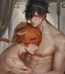  2boys abs ahoge alternate_muscle_size animal_ears bangs bich_hoan blue_eyes blush brown_hair cat_boy cat_ears cat_tail completely_nude couple ear_piercing genshin_impact gradient_hair hair_between_eyes hand_on_another&#039;s_head head_on_head head_rest highres kemonomimi_mode large_pectorals long_hair male_focus multicolored_hair multiple_boys muscular muscular_male nude pectoral_pillow pectorals piercing ponytail short_hair smile tail tartaglia_(genshin_impact) upper_body yaoi zhongli_(genshin_impact) 