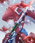  1girl blue_sash colored_skin fins fish fish_girl hair_ornament highres jewelry kuroitubu mipha monster_girl multicolored_skin no_eyebrows polearm red_hair red_skin sash solo the_legend_of_zelda the_legend_of_zelda:_breath_of_the_wild trident water_drop weapon white_skin yellow_eyes zora 