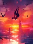  6+others absurdres barefoot cloud cloudy_sky falling from_side highres kalmahul multiple_others original pants people red_sky river scenery shirt short_hair short_sleeves sky sunset tower water 