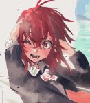  1girl antenna_hair dust dust_cloud eyebrows_visible_through_hair hair_between_eyes hatching_(texture) highres maido_mido medium_hair ocean one_eye_closed open_mouth original outdoors red_eyes red_hair sketch solo sweat teeth upper_body wind 