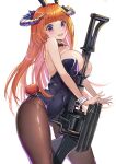  1girl :d alternate_costume animal_ears arknights bagpipe_(arknights) bangs bare_arms bare_shoulders black_leotard blush breasts brown_legwear commentary_request cowboy_shot eyebrows_visible_through_hair fake_tail horns lance large_breasts leotard long_hair looking_at_viewer open_mouth orange_hair pantyhose playboy_bunny polearm purple_eyes rabbit_ears rabbit_tail revision simple_background smile solo standing strapless strapless_leotard tail thighs very_long_hair weapon white_background yuzuruka_(bougainvillea) 