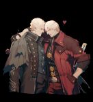  2boys absurdres belt black_belt black_coat black_gloves black_pants black_shirt blue_vest brothers closed_mouth coat dante_(devil_may_cry) devil_may_cry_(series) flower gloves heart high_collar highres holding long_coat looking_at_another looking_at_viewer male_focus multiple_boys open_clothes open_coat pants red_coat red_flower red_pants red_rose rose shirt short_hair siblings sword vergil_(devil_may_cry) vest vetania weapon weapon_on_back white_hair 